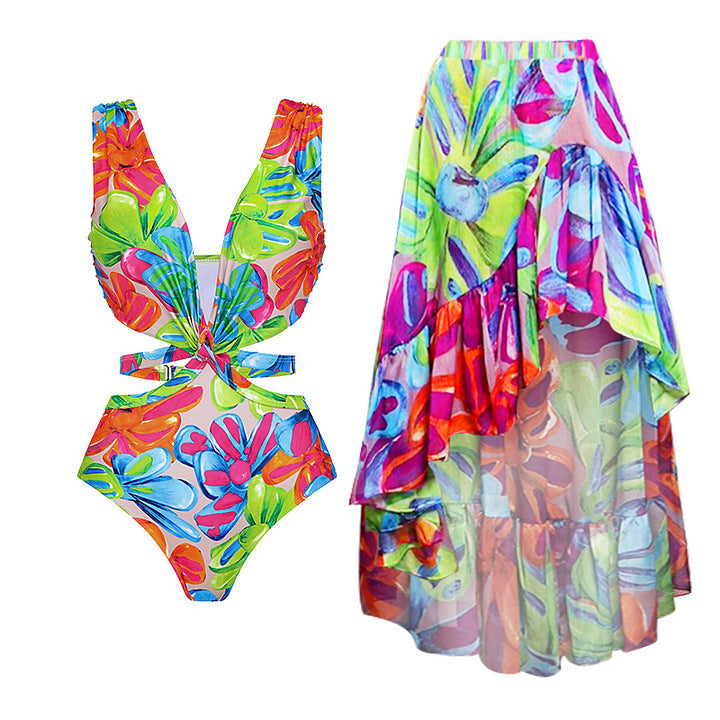 Women's one-piece swimsuit with intricate cut-out details and floral design Mune Fashion