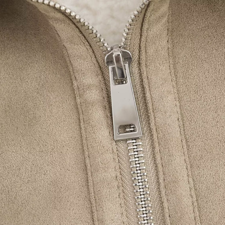 Women's short-cut faux suede bomber jacket with teddy lining, zip and ribbed cuffs Mune Fashion
