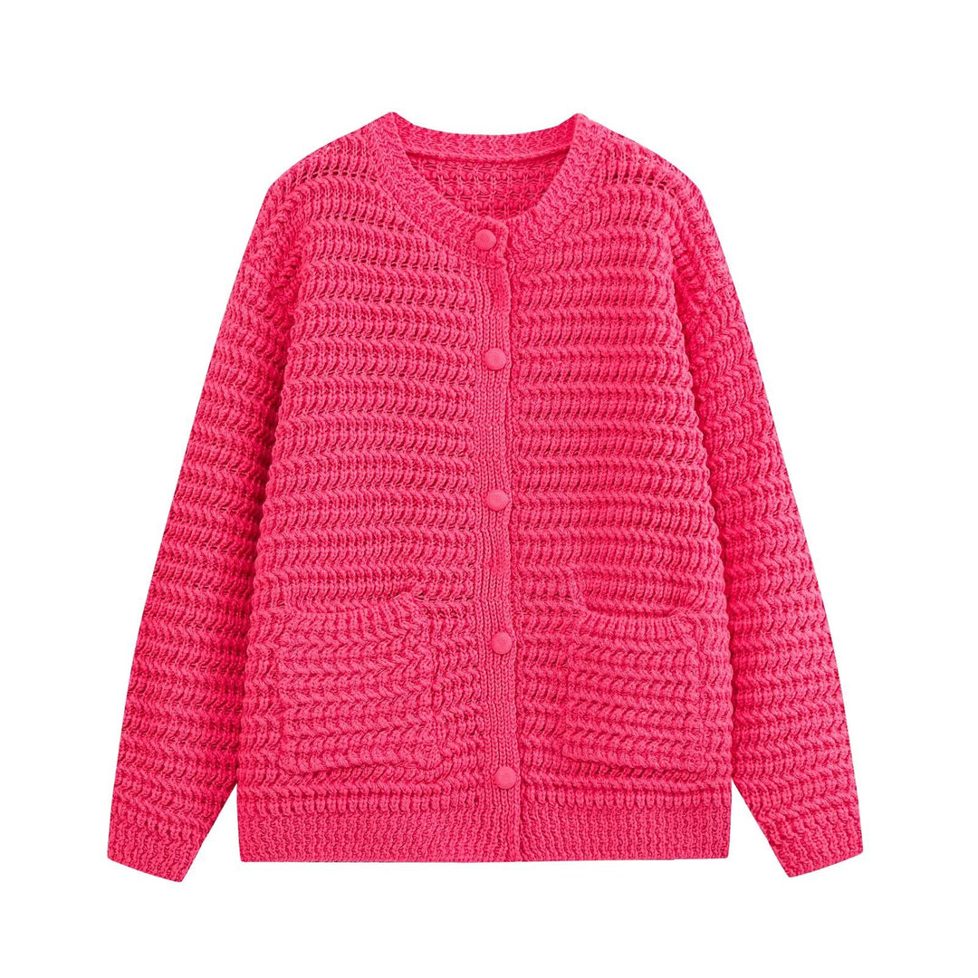 Women Chunky Knit Oversized Cardigan with Button Placket and Patch Pockets Drune