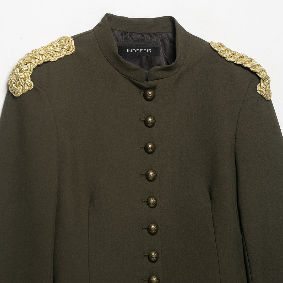 Women's Cropped Military Jacket with Stand-up Collar, Gold Shoulder Cord and Decorative Button Placket Mune Fashion