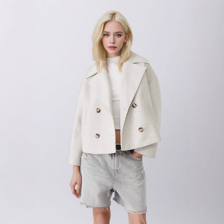 Women's short double-breasted wool blend coat jacket in boxy cut with wide lapel collar Mune Fashion
