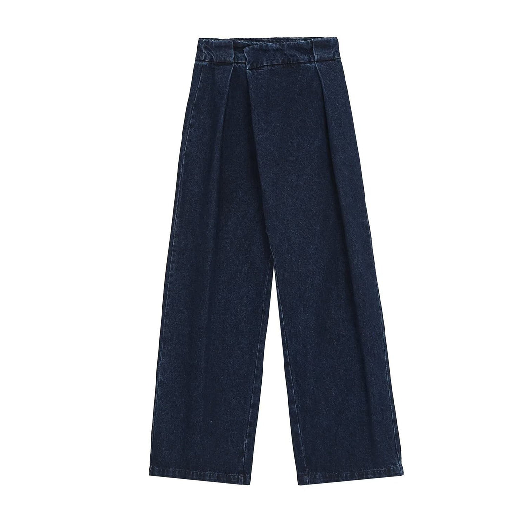 Ladies Wide High-Waist Pleated Denim Trousers with Crease Mune Fashion