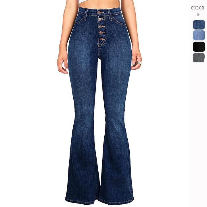 Women's nan high-waist jeans with flared hem, fitted cut and decorative button placket Mune Fashion