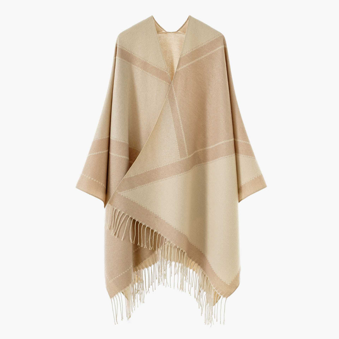 Women Reversible Knitted Cape-Poncho with Fringes and Contrasting Stripes Mune Fashion