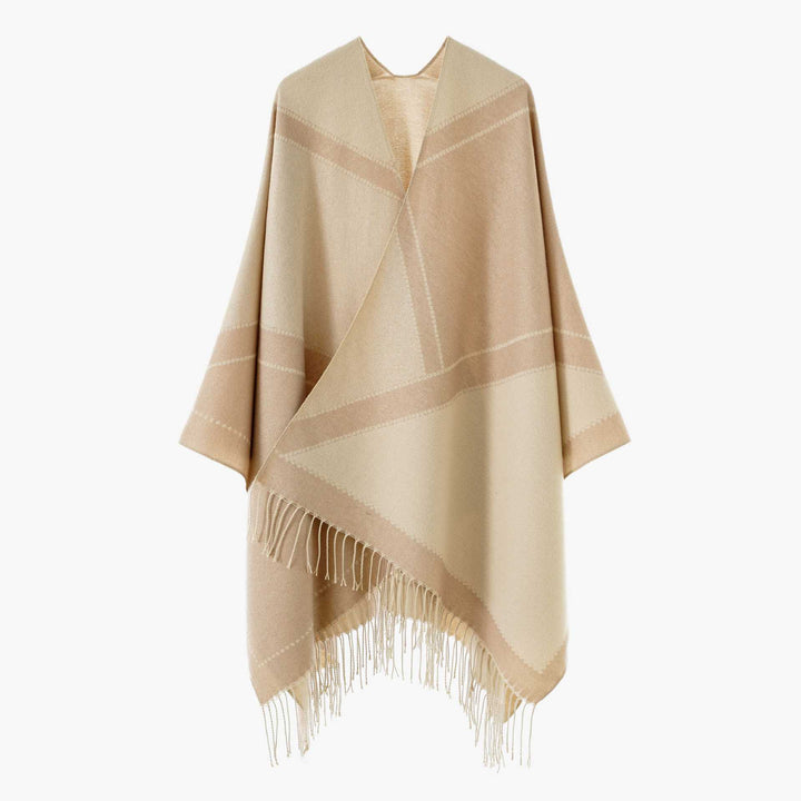 Women Reversible Knitted Cape-Poncho with Fringes and Contrasting Stripes Mune Fashion