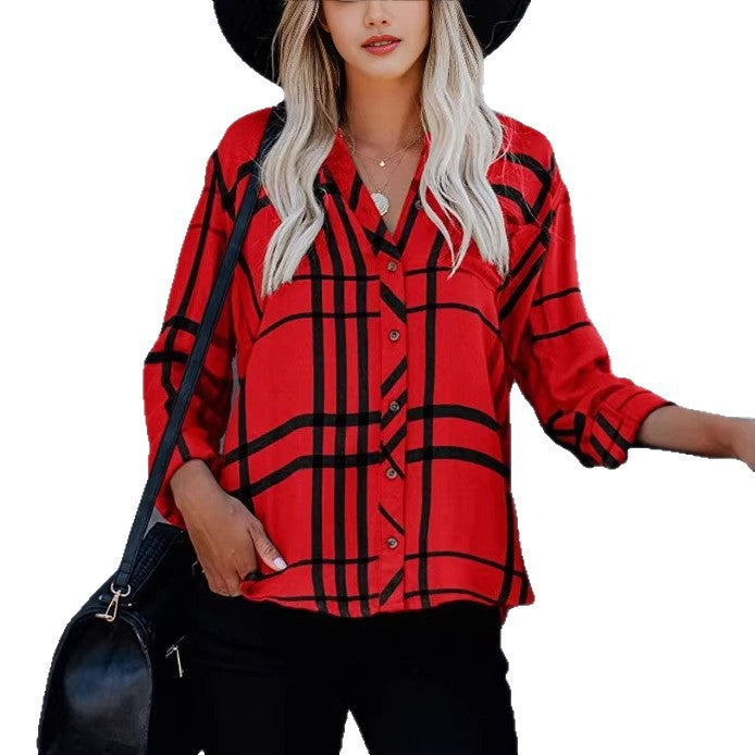 Women Oversize Shirt Blouse with Check Pattern, Chest Pocket and Roll-Up Sleeves Mune Fashion