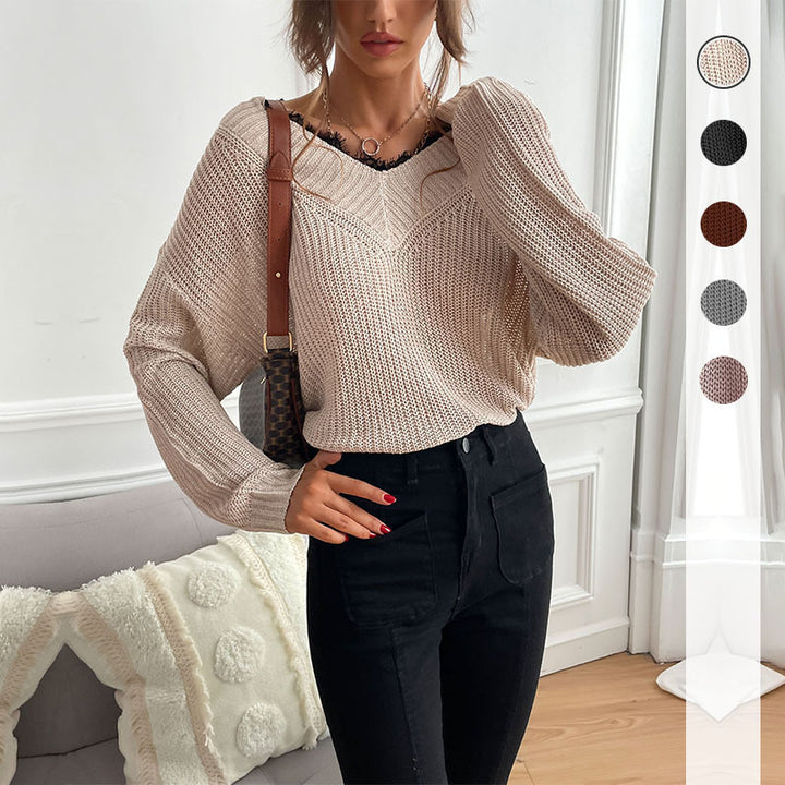 Women's Oversize V-Neck Fine Knit Sweater with Dropped Shoulder and Ribbed Cuffs Mune Fashion