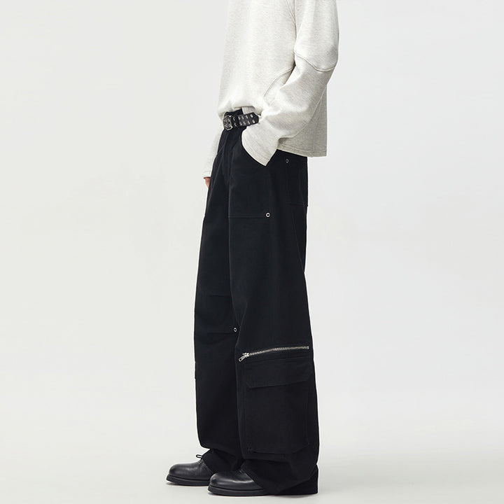 Women's Loose Cargo Palazzo Pants with Zipper and Flap Pockets Mune Fashion