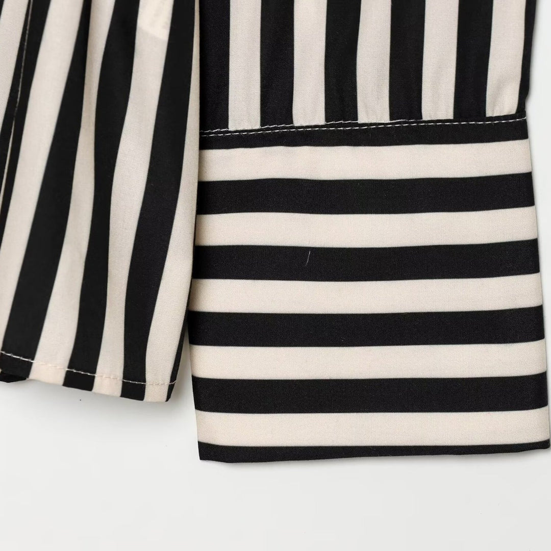 Women Long Sleeve Shirt with Vertical Stripes and Waist Tie Mune Fashion