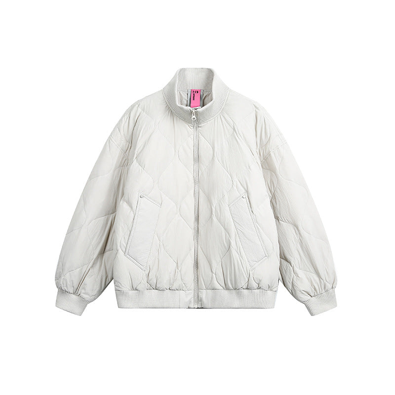 Ladies Quilted Short Blouson Jacket with Stand-Up Collar and Elastic Hem