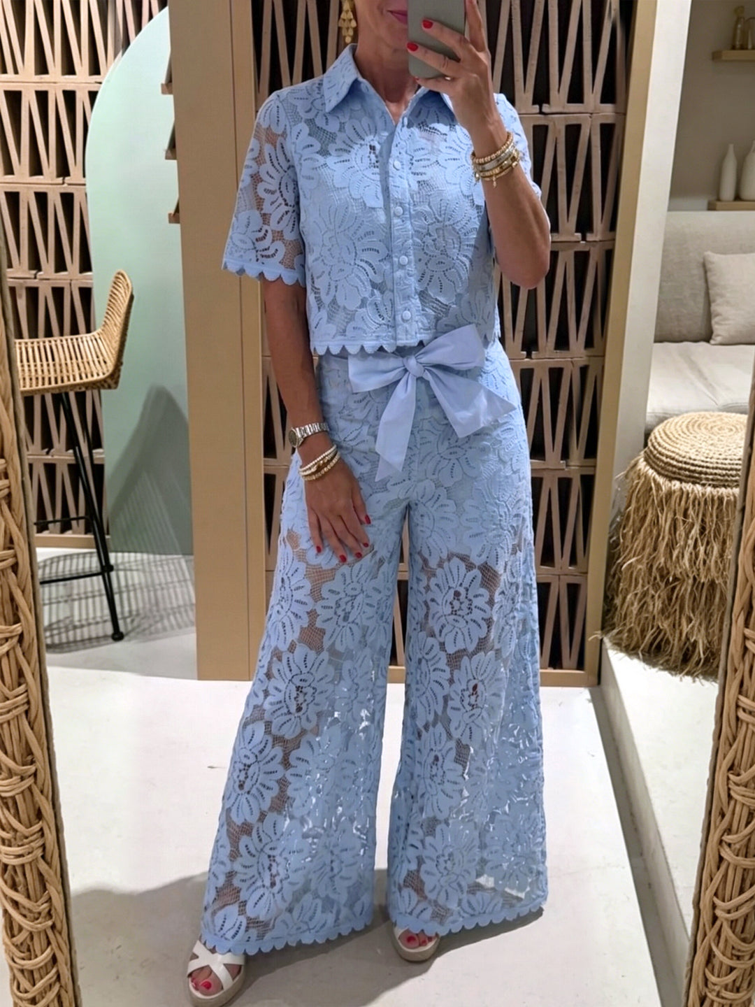 Women's elegant lace combination with short-sleeved blouse, scalloped hem, and tailored palazzo pants with tie belt Mune Fashion