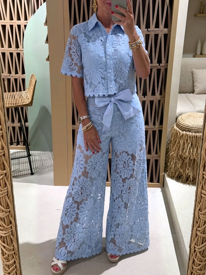 Women's elegant lace combination with short-sleeved blouse, scalloped hem, and tailored palazzo pants with tie belt Mune Fashion