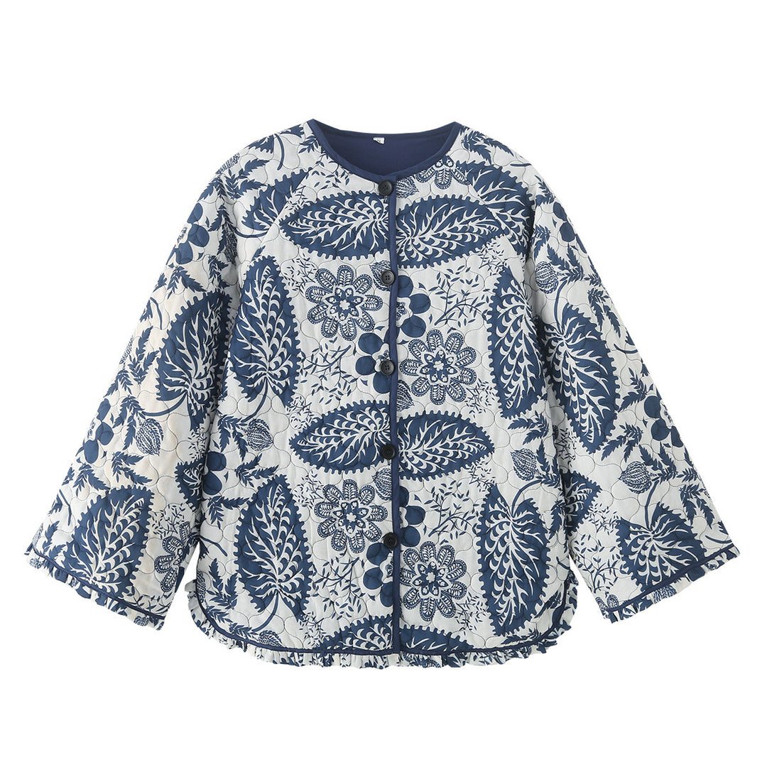 Women's nan quilted jacket with floral patchwork print, round button placket and rounded hem Mune Fashion