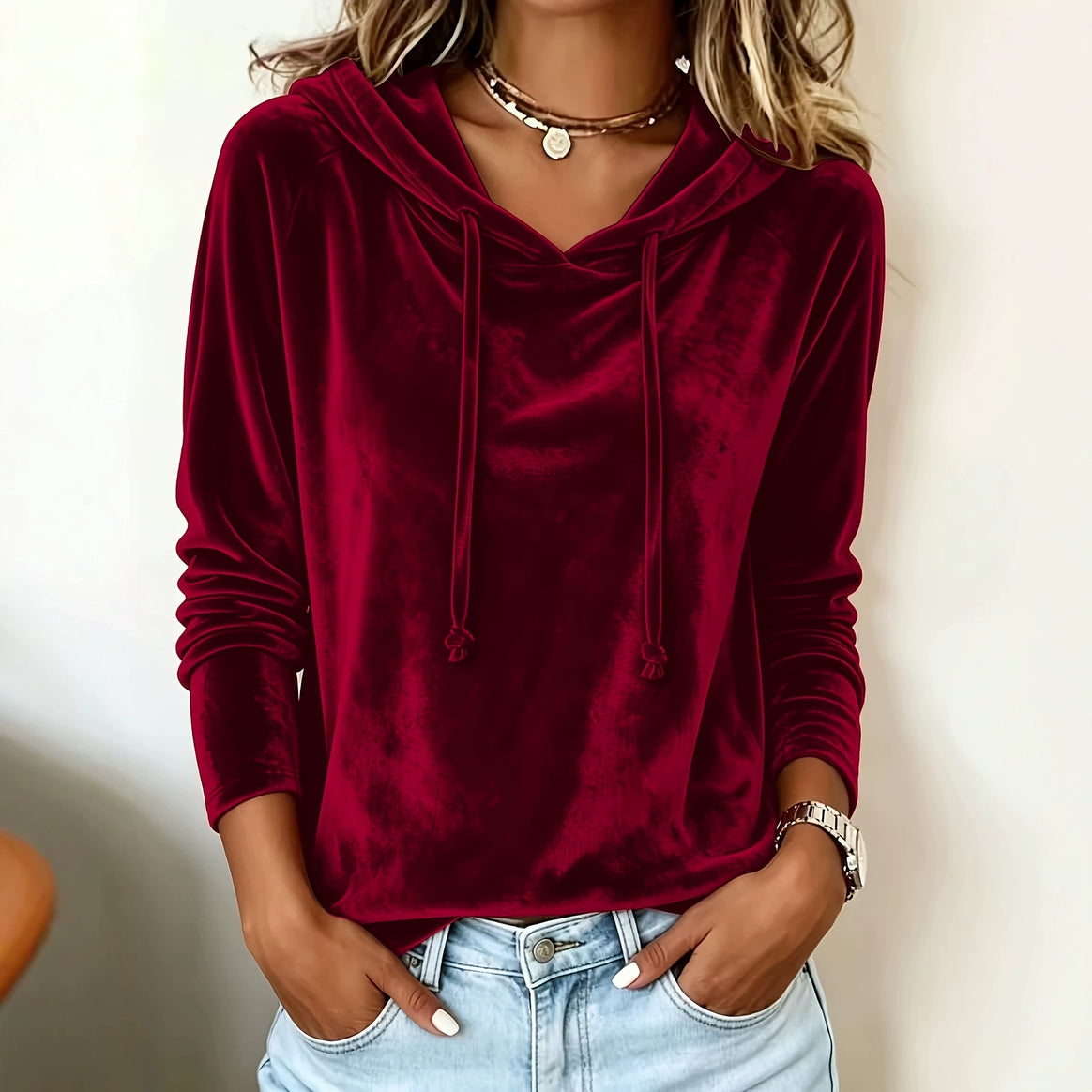 Women Velvet Hoodie with Hood Drawstring and Casual Cut Mune Fashion