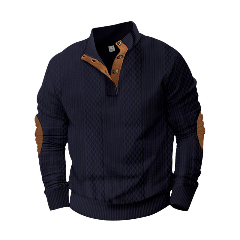 Men's structured Henley pullover with stand-up collar, button placket and leather-look elbow patches Mune Fashion