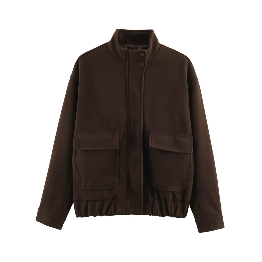Women's Wool Look Bomber Jacket with Stand-Up Collar, Flap Pockets and Elastic Hem Mune Fashion