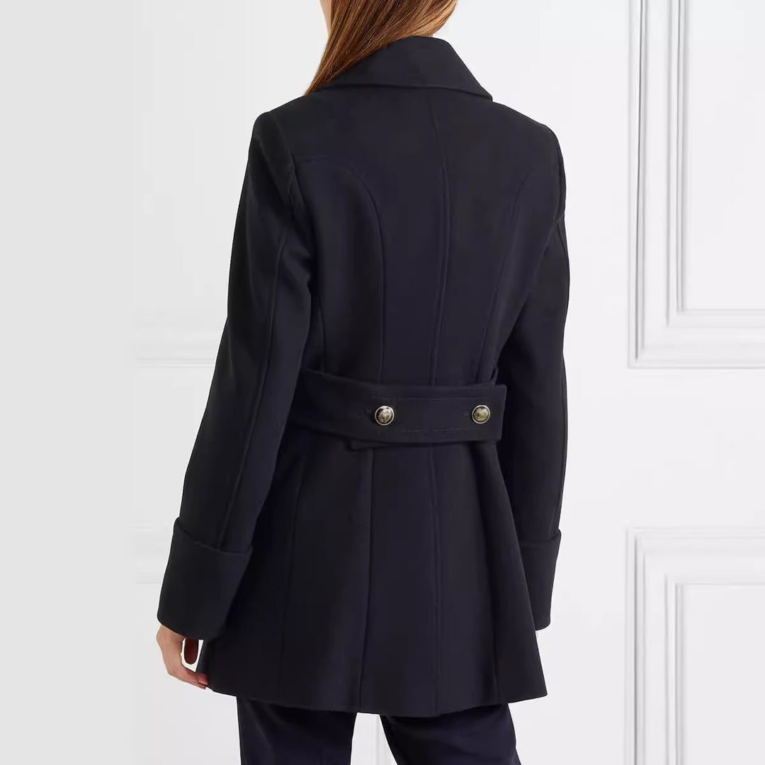 Women Elegant tailored midi-length double-breasted blazer coat with distinctive shoulder and decorative round buttons Mune Fashion