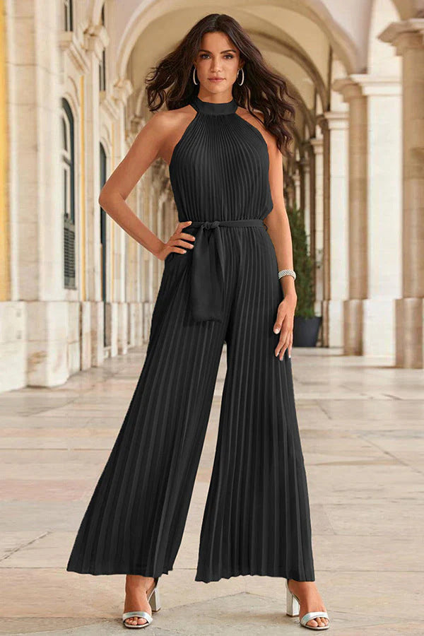 Women's Pleated Sleeveless Jumpsuit with High Stand Collar, Wide Palazzo Leg and Waist Sash Drune