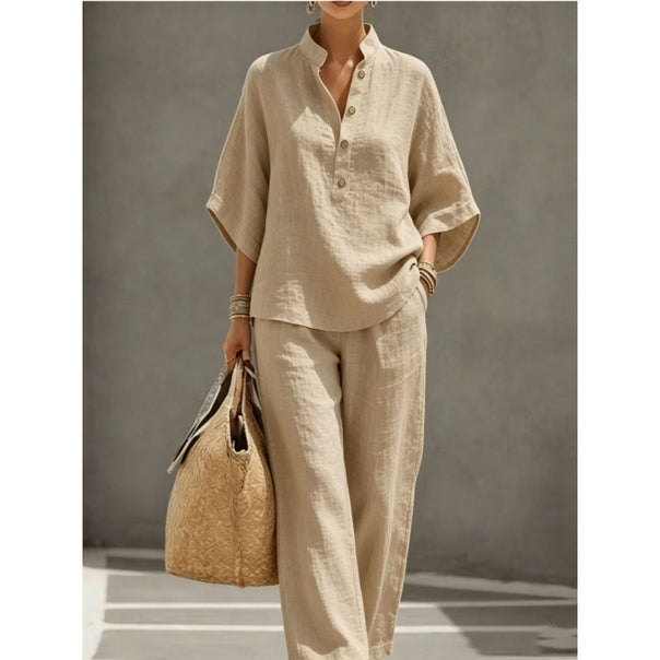 Women's loose linen two-piece with stand-up collar and wide leg Mune Fashion