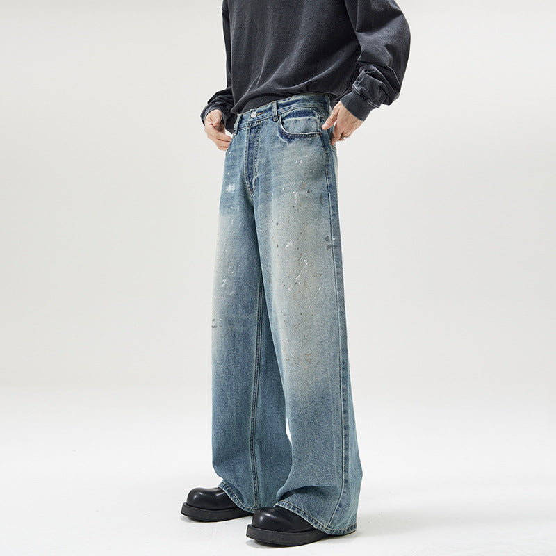 Men's wide baggy jeans with paint splatter effect and vintage wash Mune Fashion