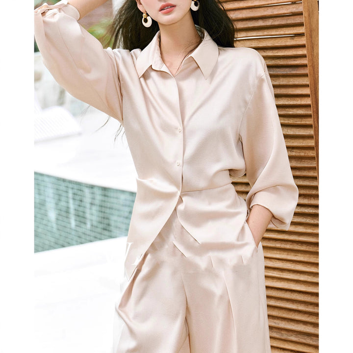 Women's Elegant Blouse with Shimmering Finish and Waist Belt Mune Fashion