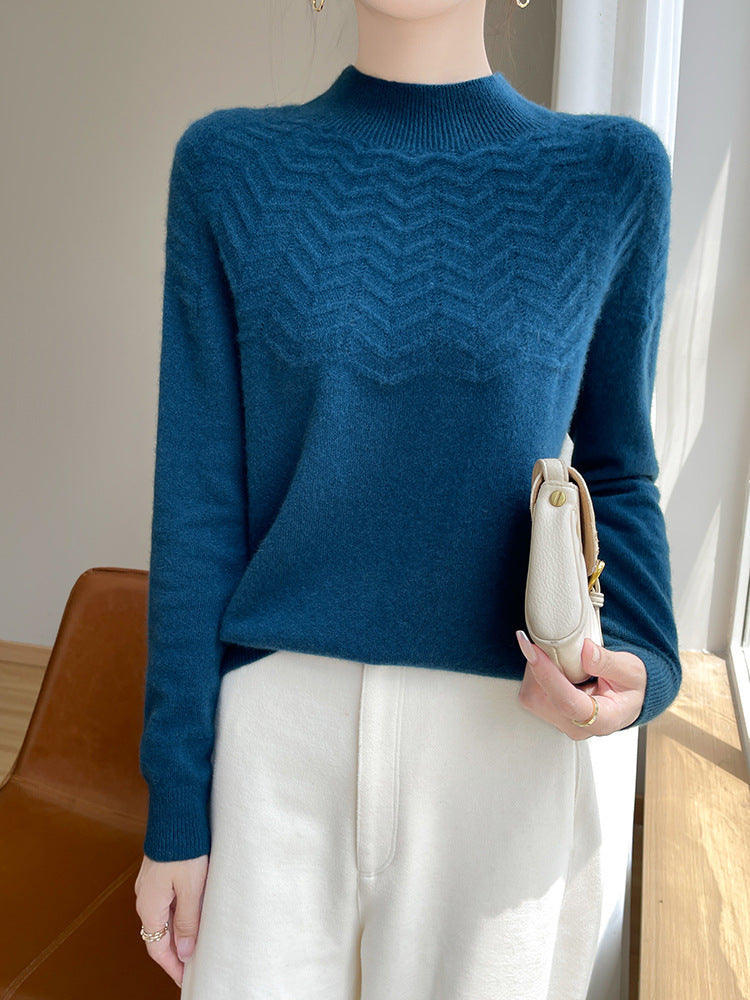 Women's Soft Fine Knit Mock Neck Sweater with Chevron Ajour and Cashmere Look Mune Fashion