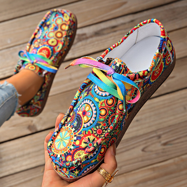 Ladies Comfortable Platform Slippers in Ethno Print with Cork Look Sole Mune Fashion
