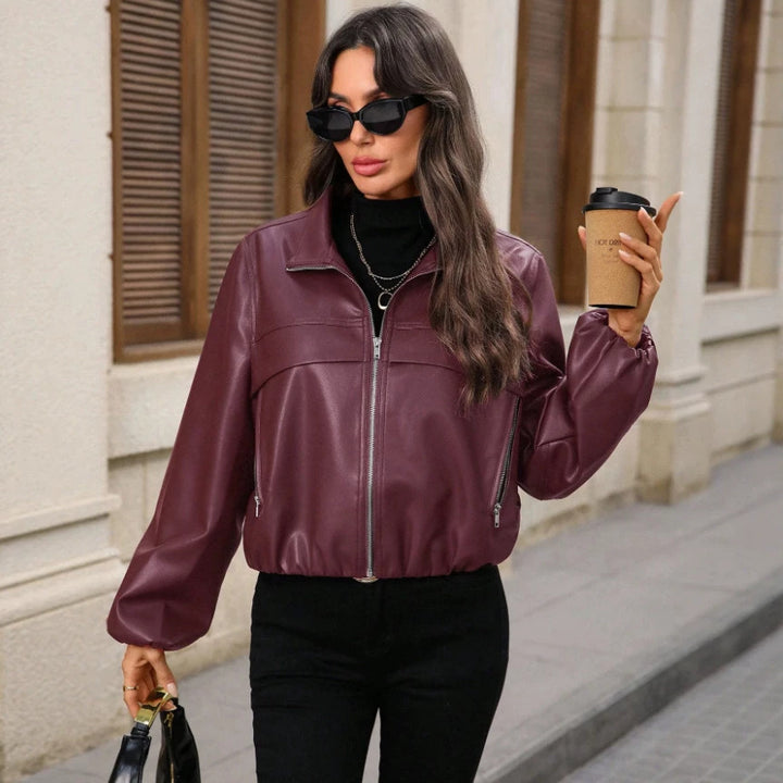 Women Trendy cropped faux leather jacket