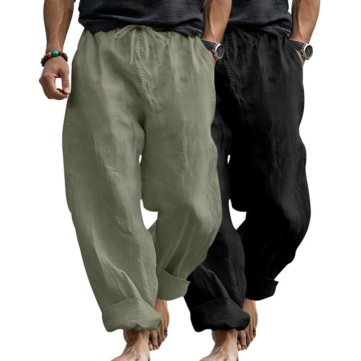 Men's Wide Comfort Casual Pants Made of Linen Blend with Drawstring, Side Pockets and Cuffed Mune Fashion