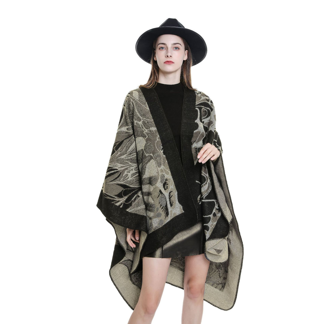 Women's Wool Blend Jacquard Cape with Open Kimono Silhouette