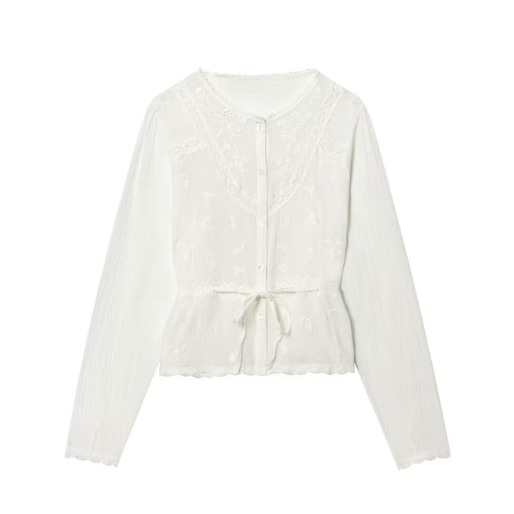 Women Romantic Lace Blouse with Button Placket, Waist Ties and Delicate Embroidery Mune Fashion
