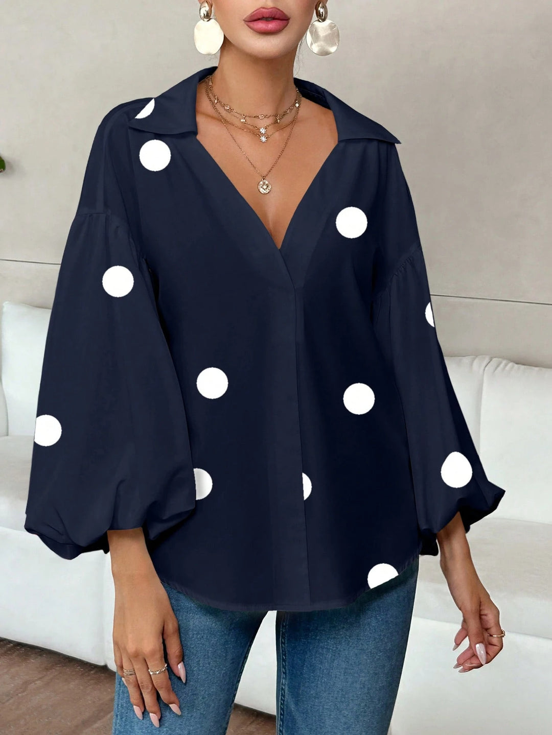 Women’s oversized blouse with voluminous puff sleeves and polka dot pattern Mune Fashion