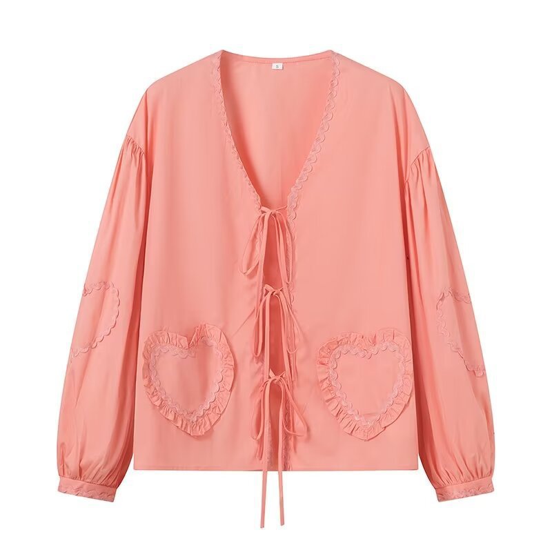 Women's Long-Sleeved V-Neck Blouse with Ties and Heart Ruffle Pockets Mune Fashion