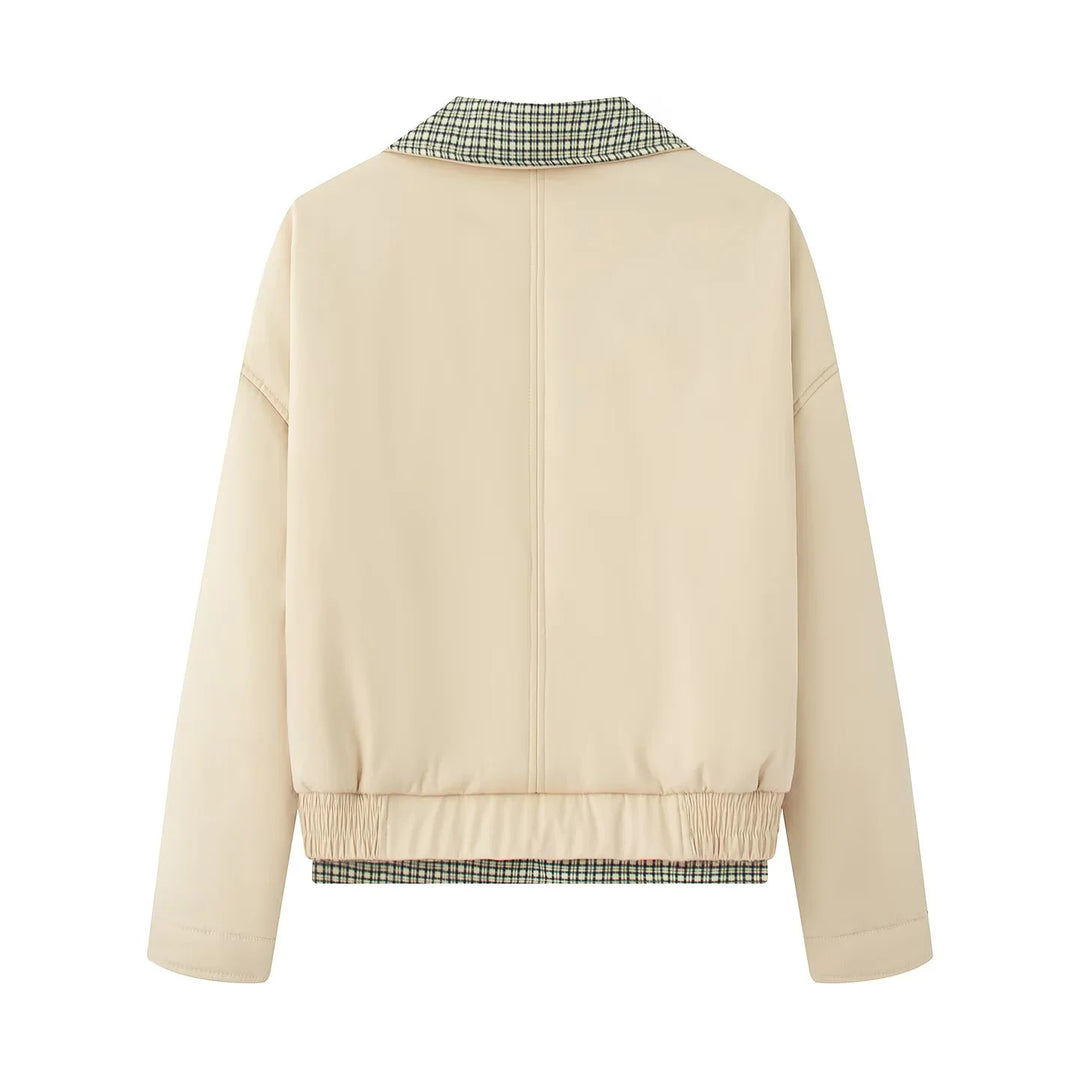 Women's short cut bomber jacket with checked lining, concealed front placket and patch pockets Mune Fashion