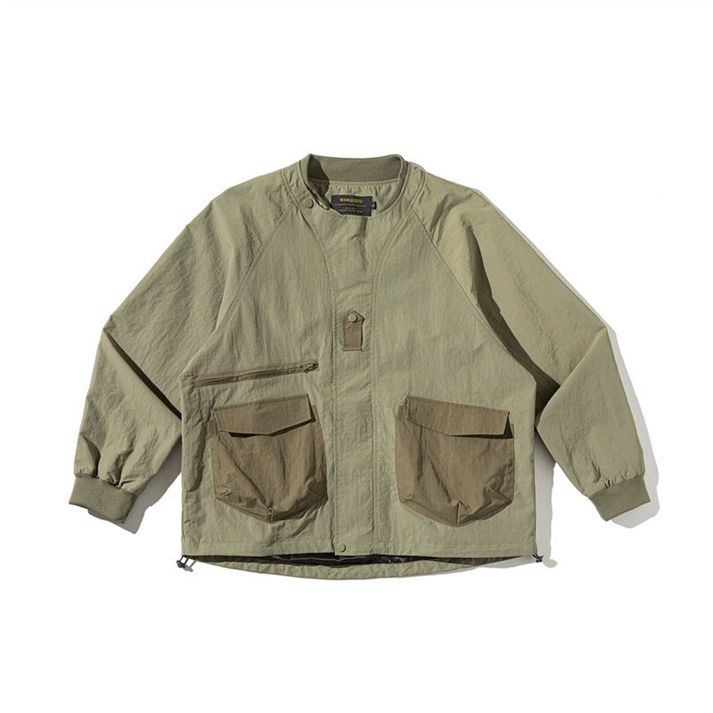 Unisex Lightweight Boxy Field Jacket without Collar with Raglan Sleeves, Patch Flap Pockets and Drawstring Mune Fashion