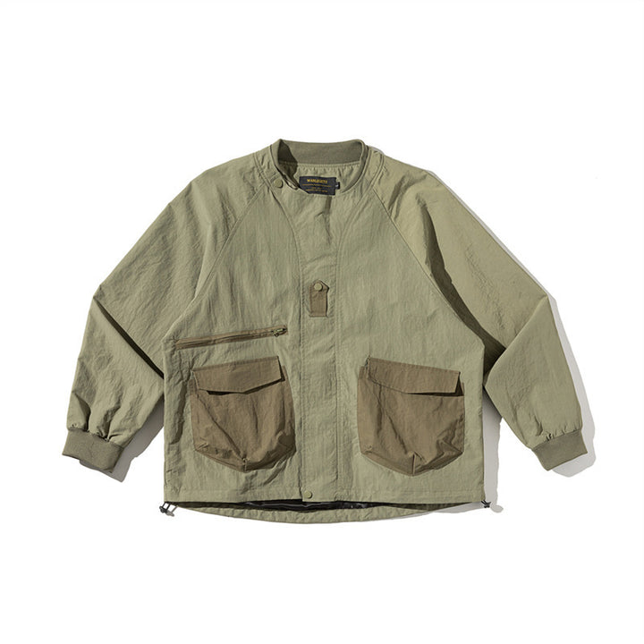 Unisex Lightweight Boxy Field Jacket without Collar with Raglan Sleeves, Patch Flap Pockets and Drawstring Mune Fashion