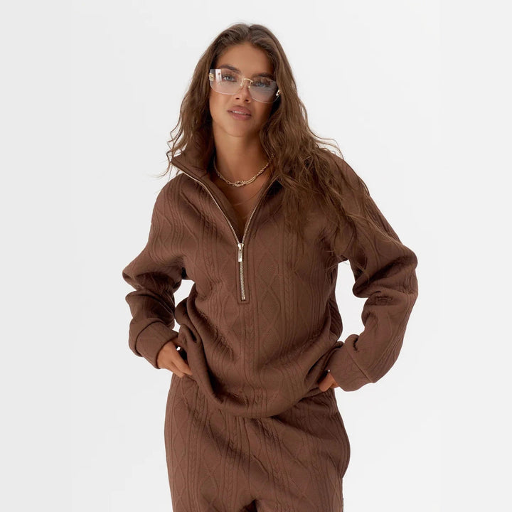 Women's Cable Knit Lounge Set with Half Zipper and High-Waisted Jogging Pants Mune Fashion