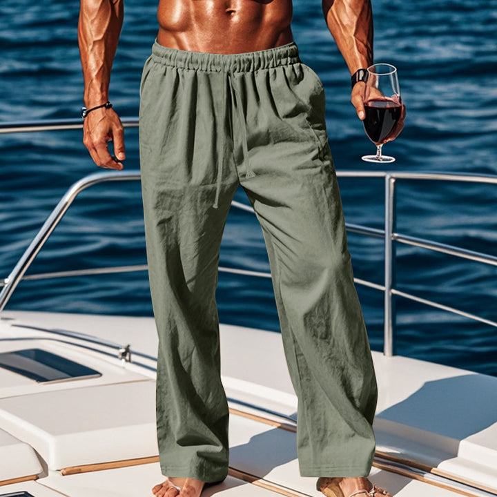 Men's loose linen lounge pants with elastic drawstring waistband, cord drawstring, and straight leg Mune Fashion