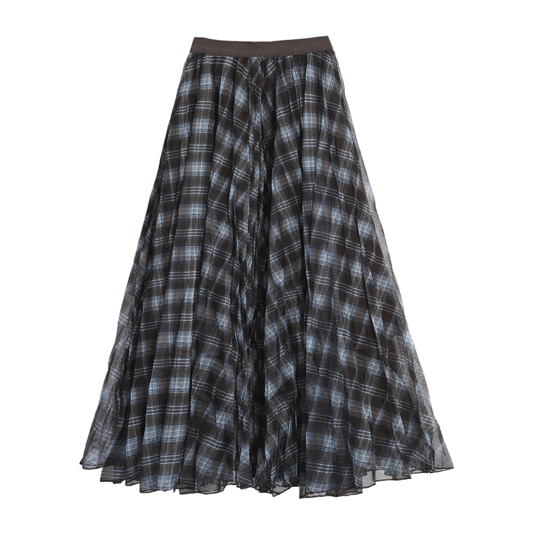 Women's pleated checked layered midi skirt with elasticated waistband and multi-layered chiffon structure Mune Fashion