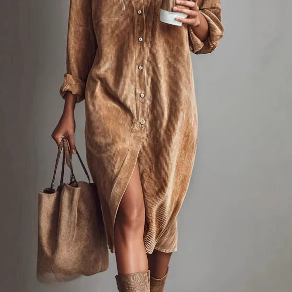 Women's shirt dress made of corduroy with breast pockets, button placket and slit Mune Fashion