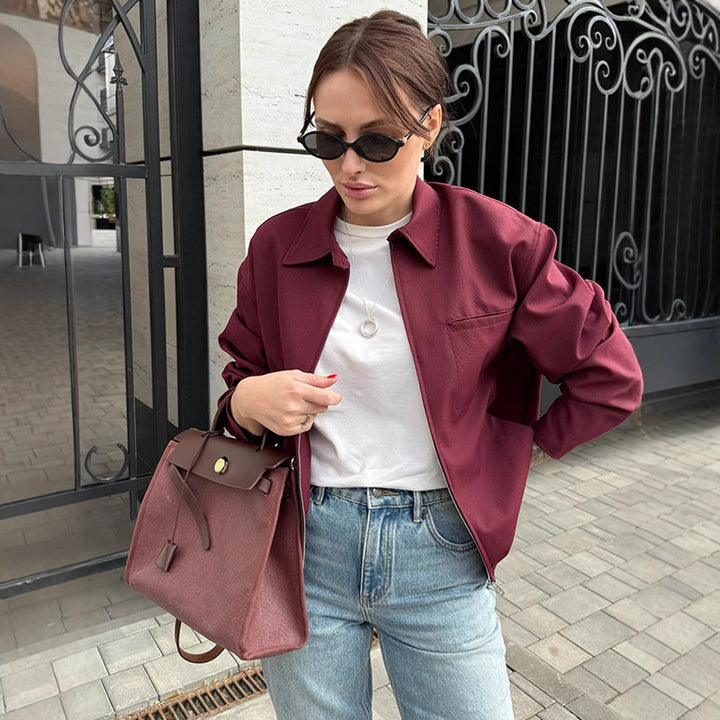 Women's lightweight twill transition jacket with shirt collar, concealed zipper, and boxy silhouette Mune Fashion