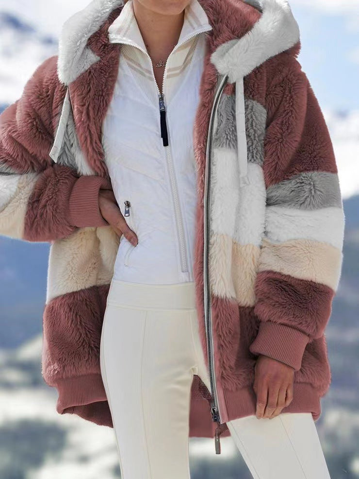 Women's oversized padded faux fur jacket with hood, block stripes and ribbed cuffs Mune Fashion