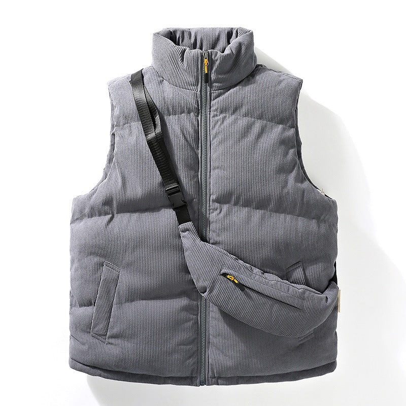 Men's Quilted Cord Sleeveless Thermal Vest with Stand Collar and Integrated Crossbody Bag Mune Fashion