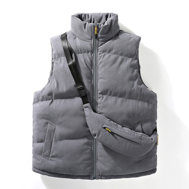 Men's Quilted Cord Sleeveless Thermal Vest with Stand Collar and Integrated Crossbody Bag Mune Fashion