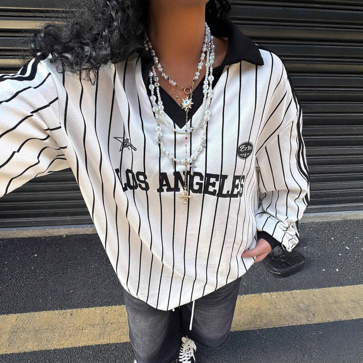 Women Oversize Baseball Polo Shirt with Pinstripes, V-Neck and Drawstring