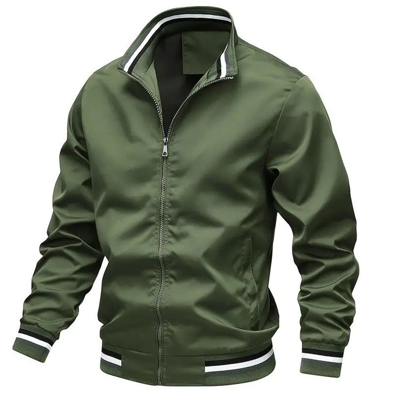 Men's lightweight windproof bomber jacket with stand-up collar, elastic cuffs, and full-length zipper.
