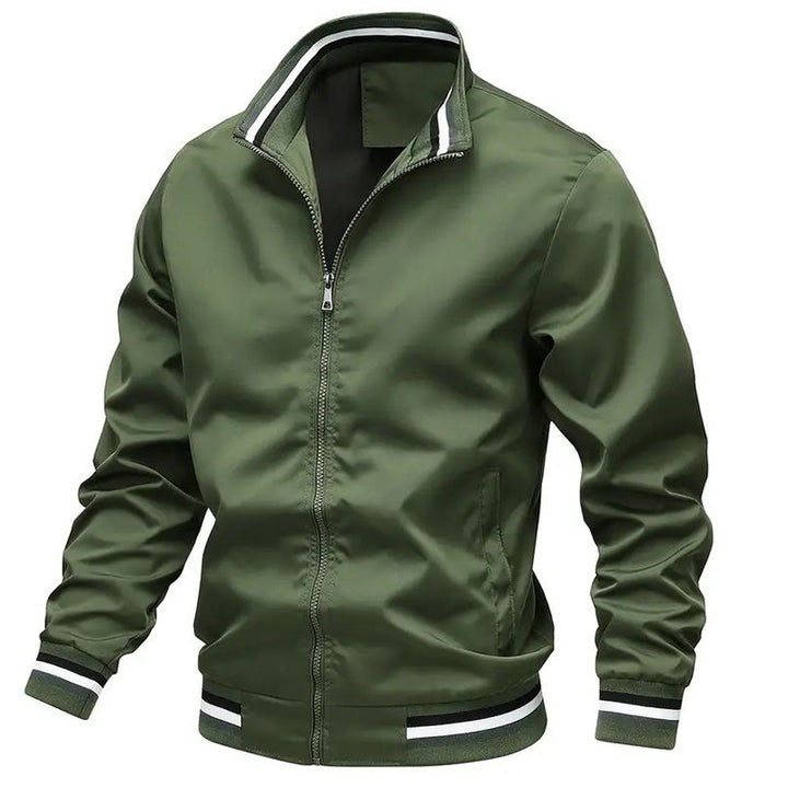 Men's lightweight windproof bomber jacket with stand-up collar, elastic cuffs, and full-length zipper.