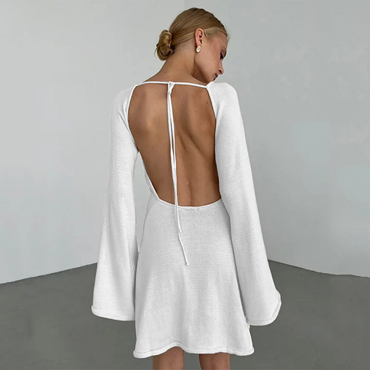 Ladies Figure-Hugging Fine Knit Mini Dress with Flared Trumpet Sleeves Mune Fashion