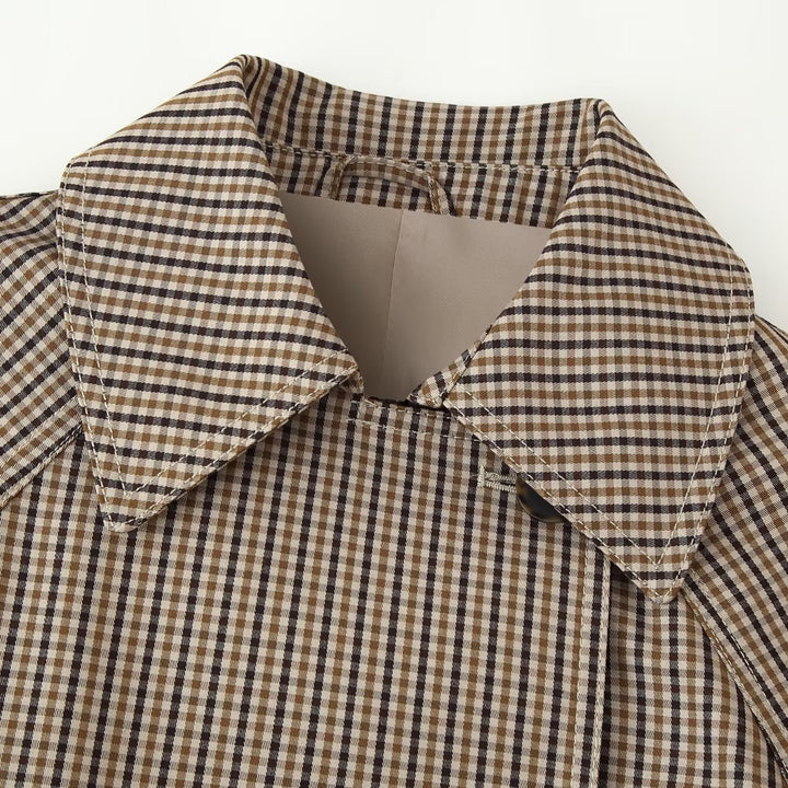 Women Cropped Double-Breasted Check Trench Coat with Waist Tie Belt and Flared Cuffs Mune Fashion