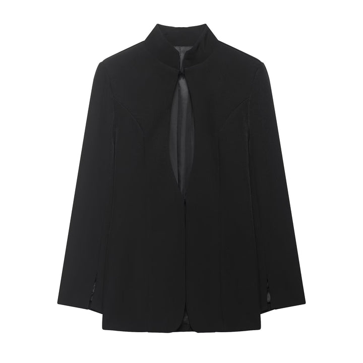 Women's Boxy Cape Blazer with Stand Collar and Concealed Front Mune Fashion